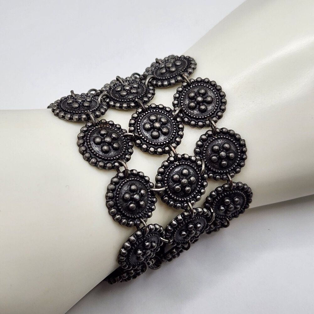 Vintage Brutalist Medallion Shield Coin Link Bracelet Chunky Maximal Statement